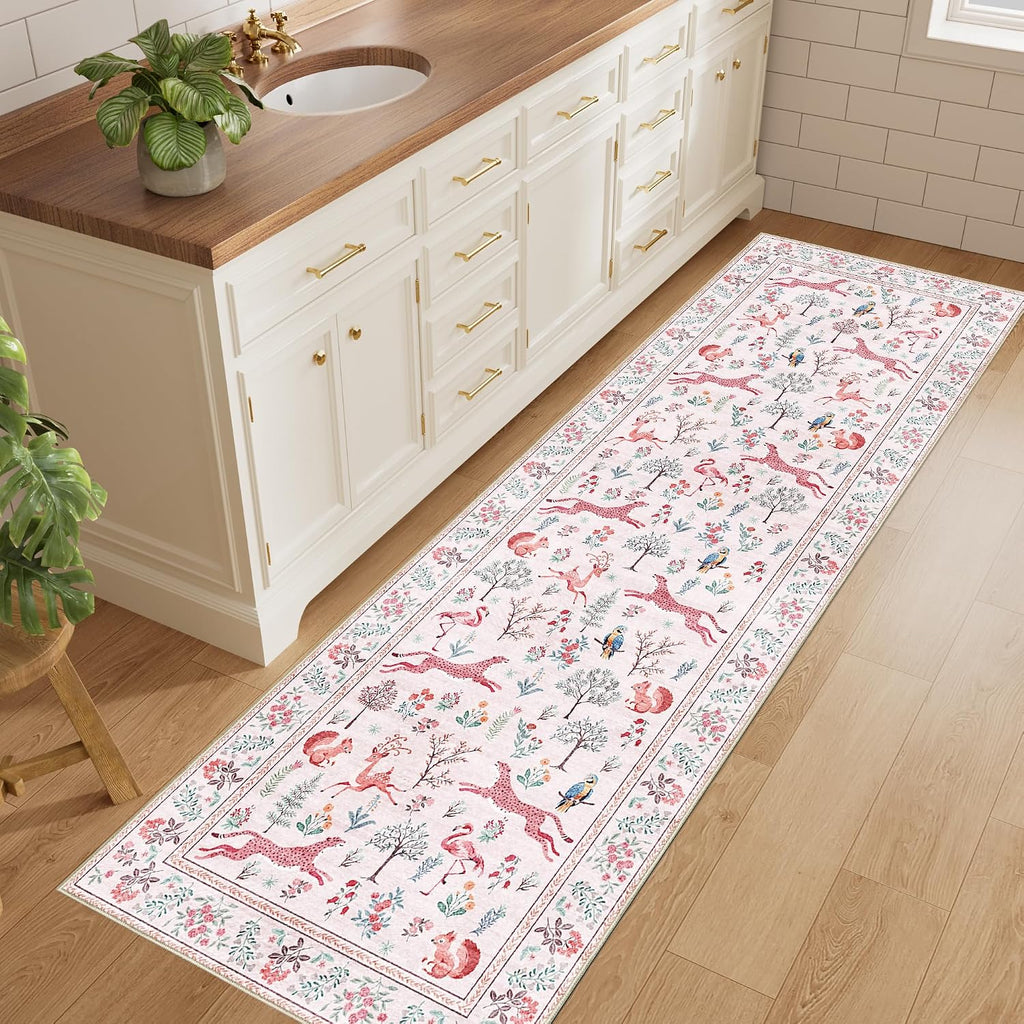 2x10 Kitchen Runner Rug, Soft Non Slip Animal Washable Rug, Pink
