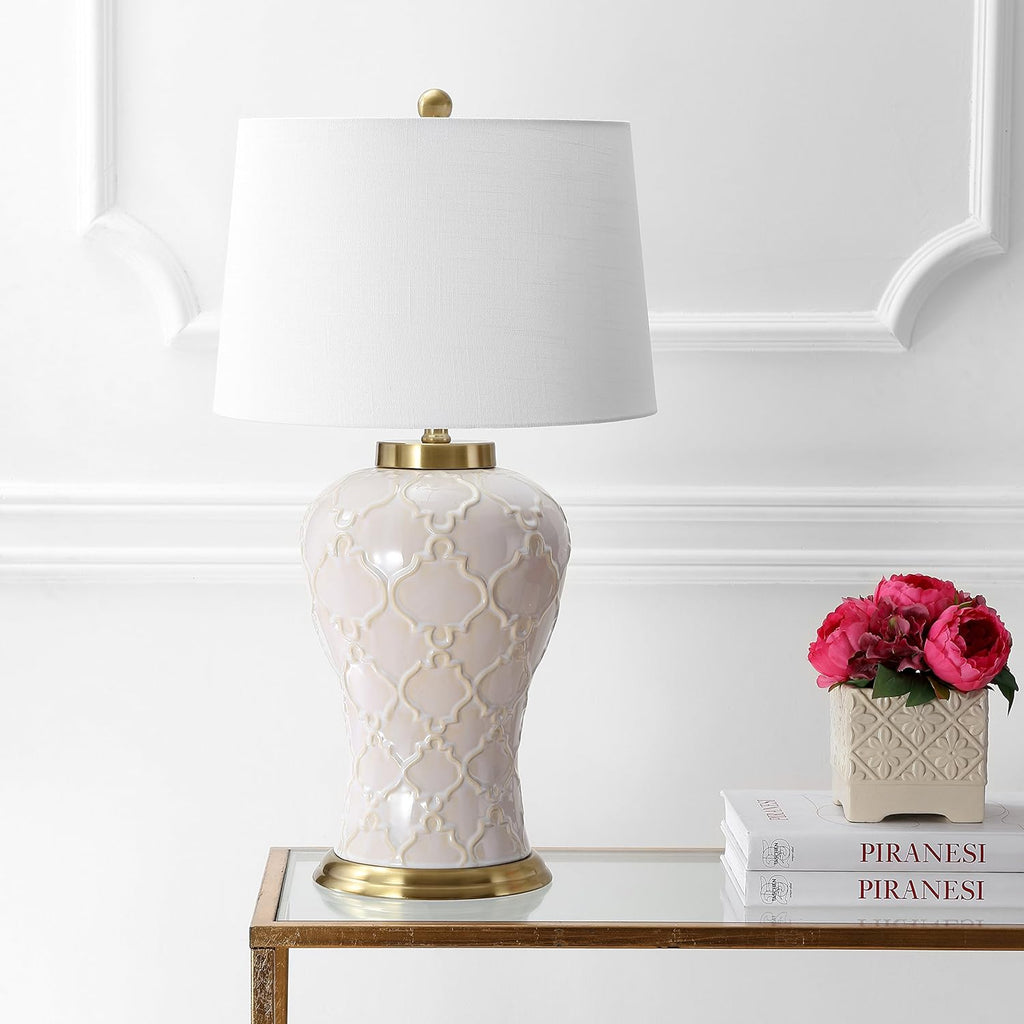 29" Cream Textured Ceramic Table Lamp, Transitional Quatrefoil Trellis Design with White Linen Drum Shade and Brass