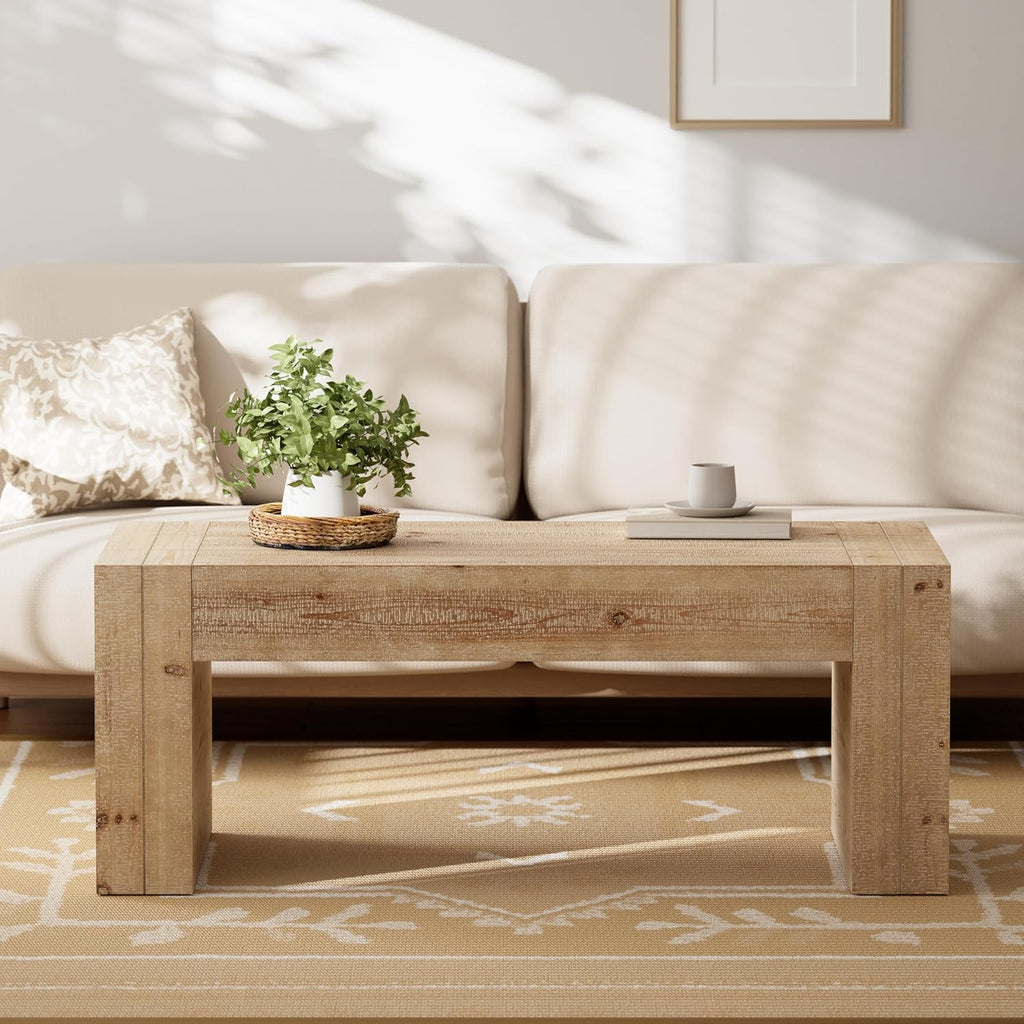Modern Rustic Wood Coffee Table with Thick Legs, Rectangular Living Room Center Table, Natural Finish Design
