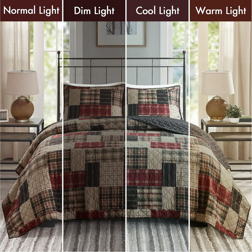 Queen Quilt Set Patchwork Farmhouse, Diamond Quilting Reversible Coverlet Set for Queen Bed, Plush Cotton Filled