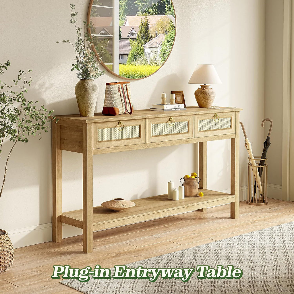 Rattan Console Sofa Table with Outlets and USB-C Port, 3 Drawer Entryway Table with Synthetic Rattan Surface, Open