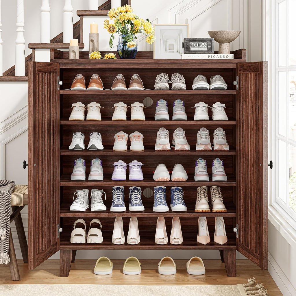 Shoe Cabinet with Slatted Doors, 6-Tier Shoe Storage Cabinet with Adjustable Shelves, Wooden Shoe Rack Organizer