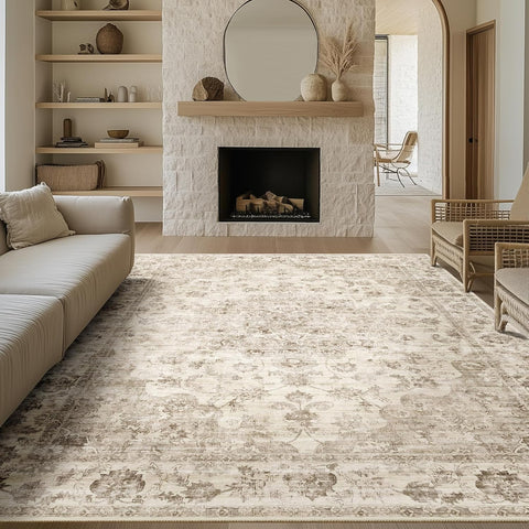 9x12 Neutral Area Rug Beige Vintage Living Room Bedroom Washable Carpet Non-Slip Soft Low Pile Farmh