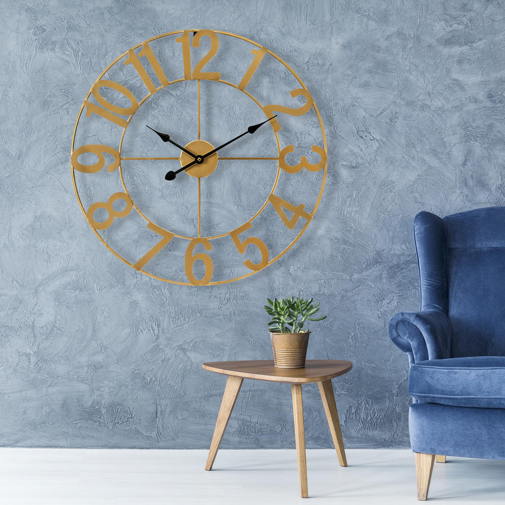 Large Wall Clock, Metal Frame, Battery Powered (24 Inch, Gold)