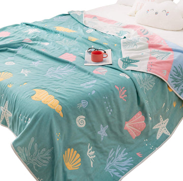Coral Conch Starfish Shell Muslin Wrap Blanket Reversible 100% Cotton 6 Layer Quilt Bed Blanket Soft Warm Throw