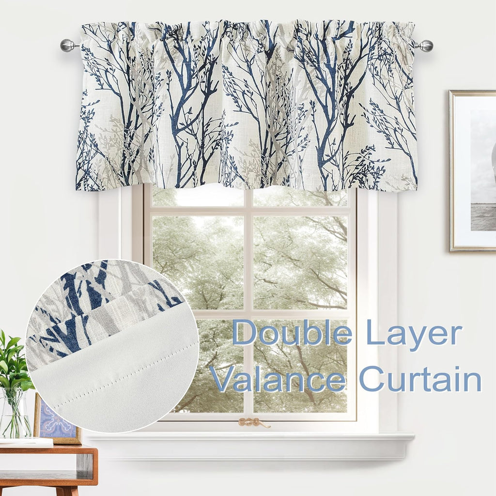 Tree Branch Linen Lined Valance Double Layer Thermal Insulated Room Darkening Blackout Valances 3 Inch Rod Pocket
