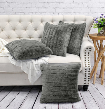 Striped Faux Fur Decorative Square Throw Pillow Covers with Sherpa Back 20 x 20 Inches Set of 4, Plush Soft Luxury