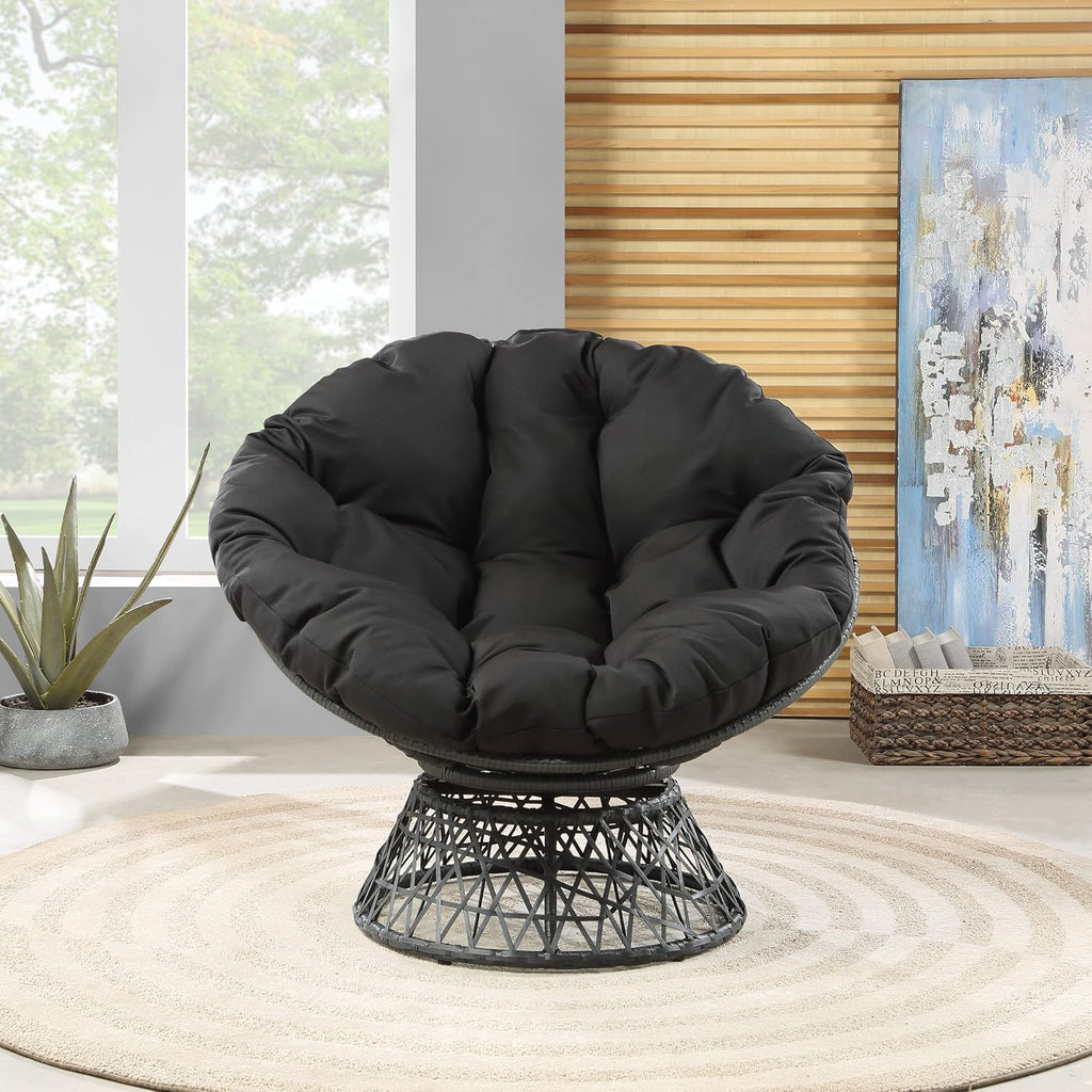 Wicker Papasan Chair with 360-Degree Swivel, Grey Frame with Black Cushion