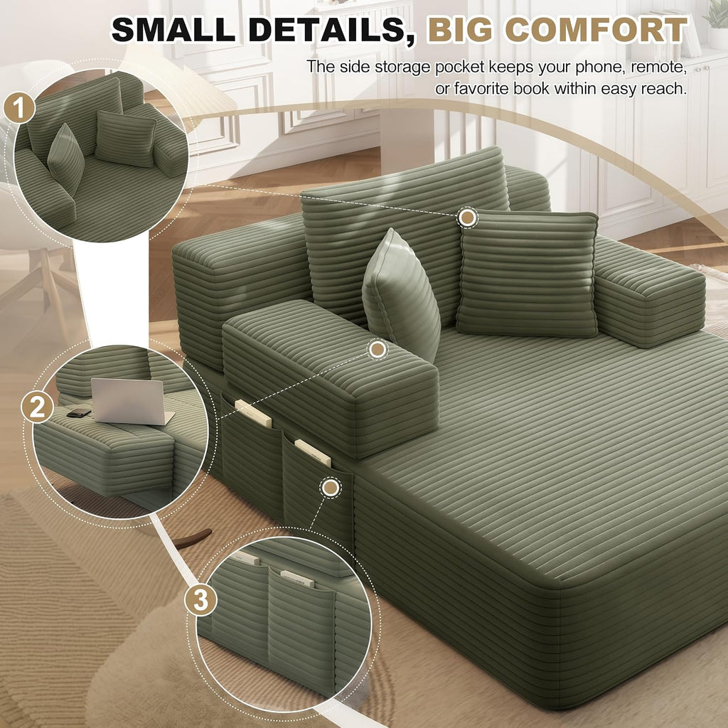 60.2" Oversized Chaise Lounge Chair, Boneless Corduroy Cloud Couch, Deep Seat Convertible Sofa Bed with 3 Pillows