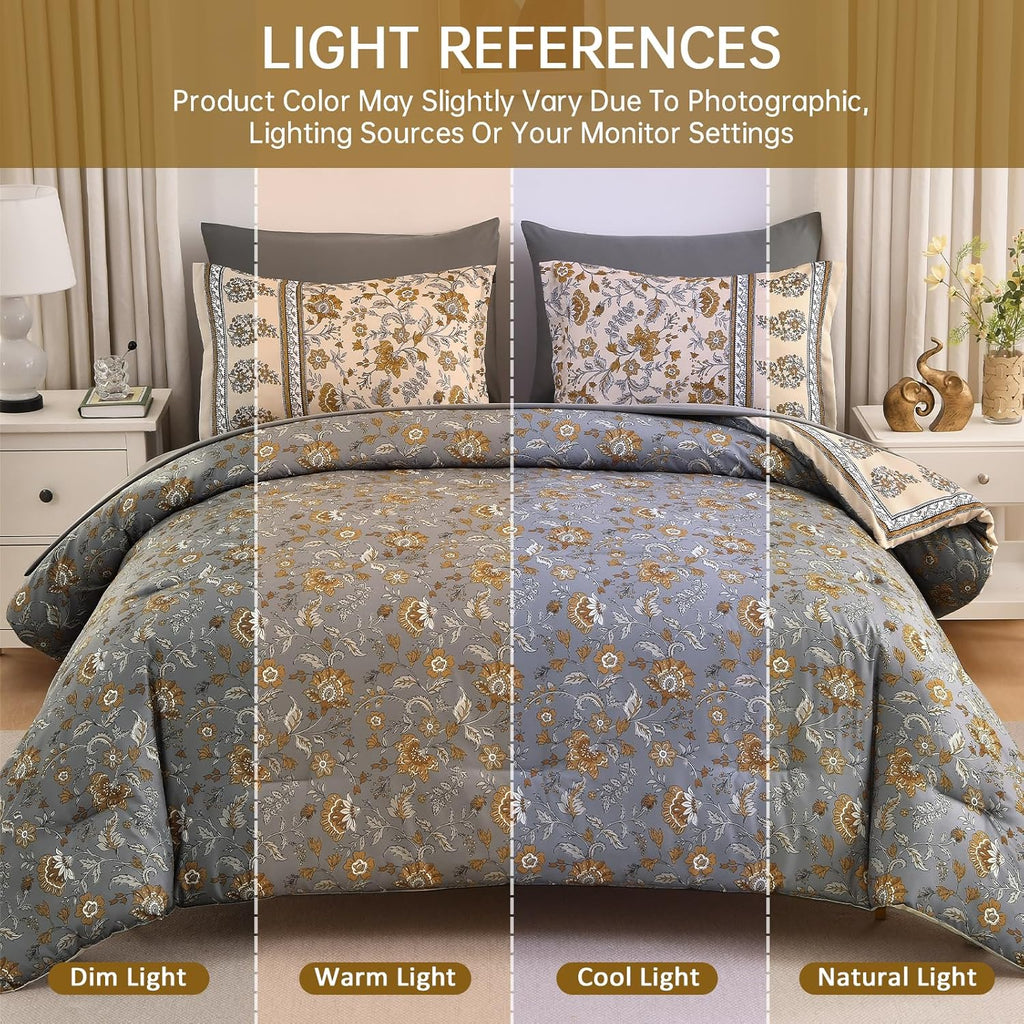Boho Comforter Set,Beige Brown Bedding Paisley Floral 7 Piece Bed in a Bag Reversible Lightweight