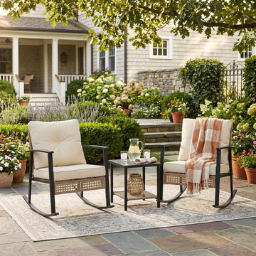 Outdoor Rocking Chairs Set of 2, 3-Piece Bistro Patio Furniture Set with Thick Cushions, Wicker Rocking Chair &