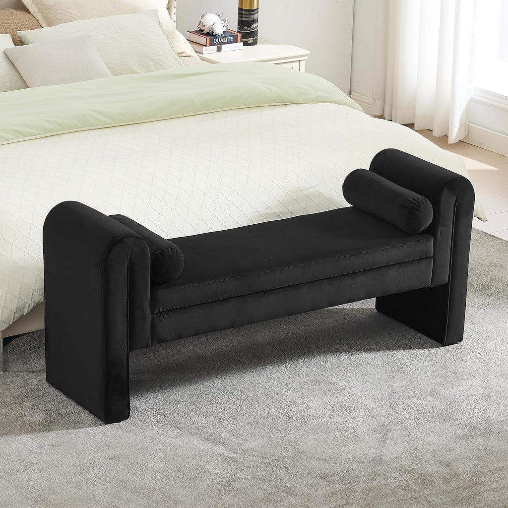 Velvet Bench End of Bed, 60.5- inch Upholstered Button Tufted Ottoman Bench with Rolled Arms, Button-Tufted Ottoman