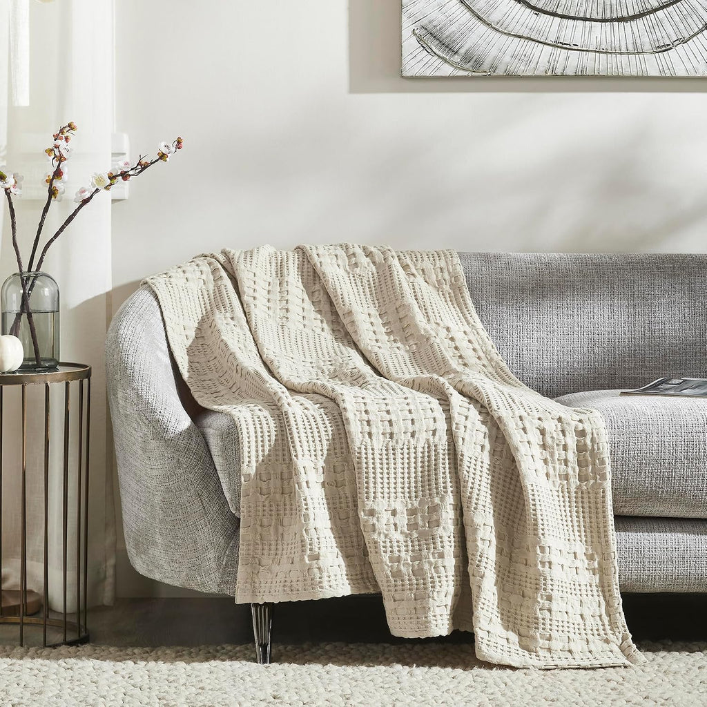 100% Cotton Waffle Weave Natural Throw 50x60, Decorative Cotton Throw Blanket, Boho Farmhouse Bedroom, Living Room