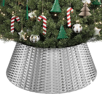 Christmas Tree Collar, 28 Inch Silver Woven Xmas Tree Skirt for 7.5 ft Trees, Stylish Rustic Basket for Tree Base