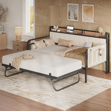 Twin XL Daybed, Day Bed Frame with Pop Up Trundle, Beige | Pop Up Trundle Bed with Smooth Wheels, Charging Station