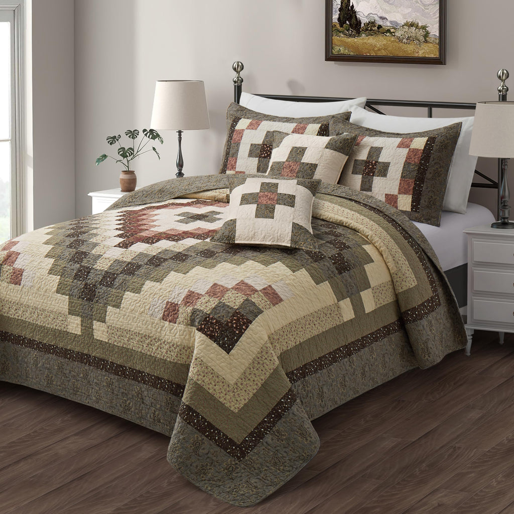 5 Peice Patchwork Quilt Green Cotton Comforter Set