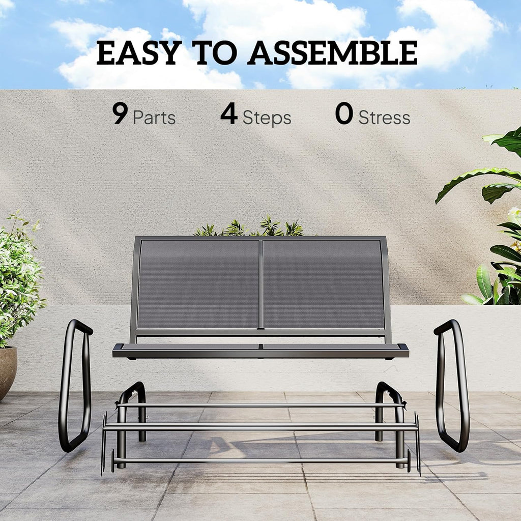 2-Person Outdoor Glider Bench with Steel Frame, Gray | Double Swing Rocking Chair, Loveseat, for Outside Patio