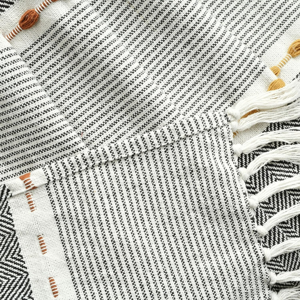 Herringbone Stripe Woven Tassel Yarn Dyed Cotton Throw Blanket 50" W x 60" L Black & Multi - Striped Throw Blankets