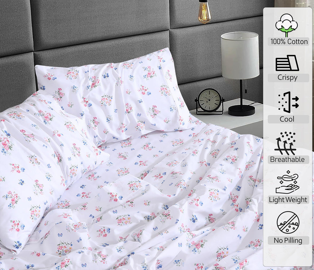 100% Cotton Split King Sheets, Percale Sheet Set, Funa Flora
