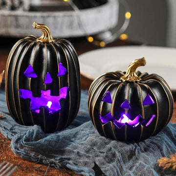 Light Up Black Jack O Lantern Pumpkins Halloween Decor - Set of 2