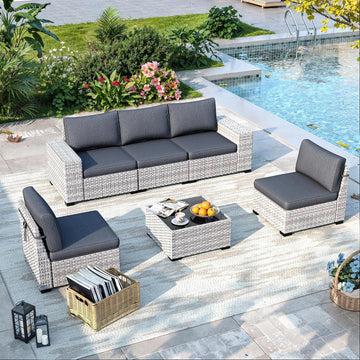 6 Piece Outdoor Sectional Sofa Set, 5-Seats Wicker Patio Furniture Set with 4" Thickened Cushions & Coffee Table