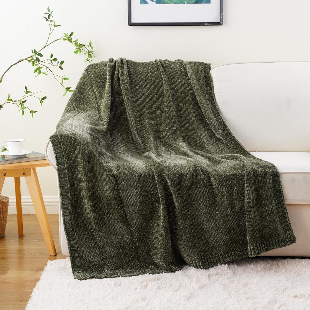 Olive Green Chenille Throw Blanket, Cozy Knit Throw Blanket, Super Soft Warm Green Blankets Chenille Blankets, 51"x67"