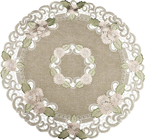 Embroidered Table Topper Gold Daisy Fleur Latte Small Tablecloth Doily (33 Inch Round)