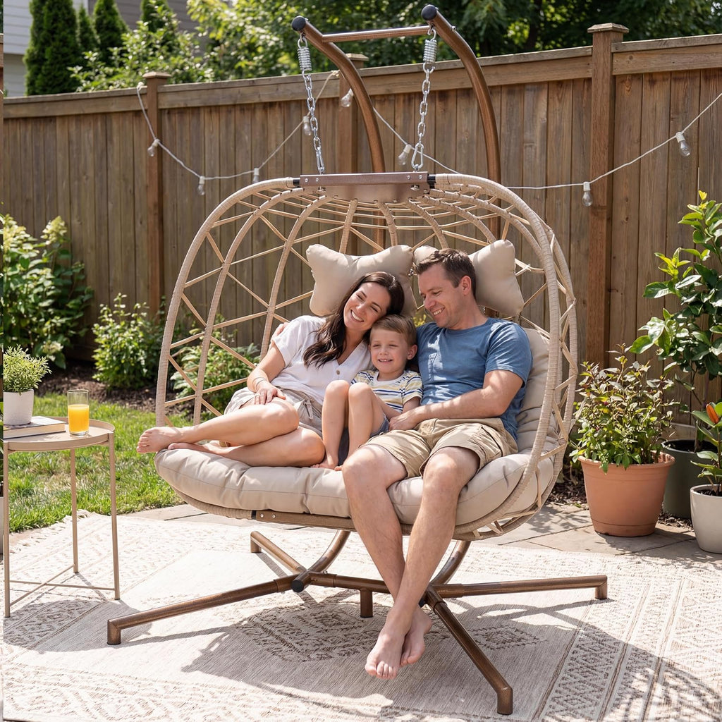 Double Egg Swing Chair with Stand, Oversized 2 Person Seat, Beige | 5" Thick Cushion, 230g Fabric, 680lbs Heavy-Duty