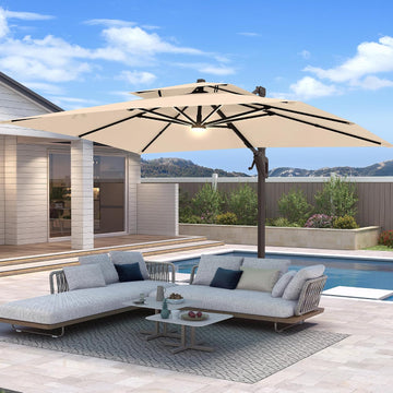 10 X 13 FT Cantilever Patio Umbrella with Base Included & Led Lights Outdoor Rectangle Offset Large Double Top Heavy - B