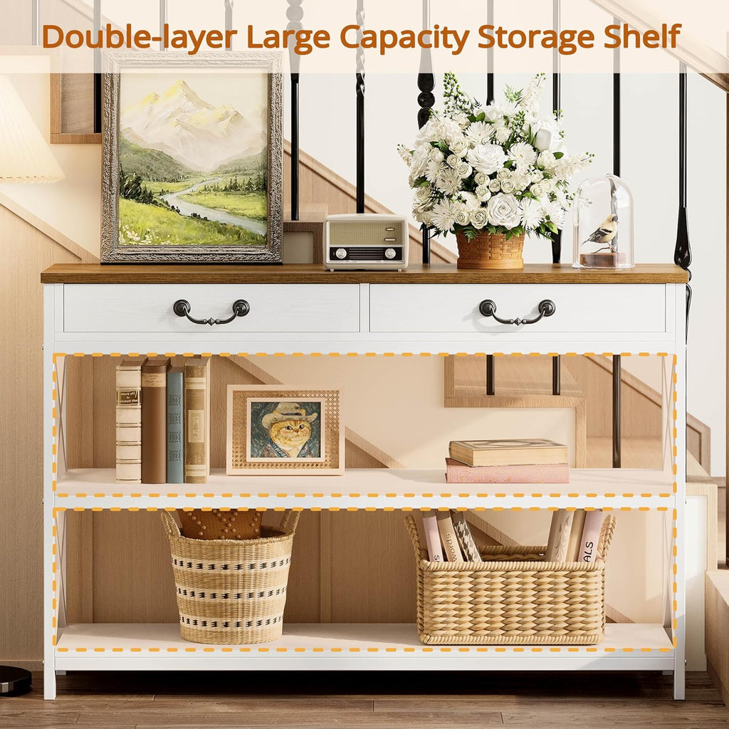 47.2" Farmhouse Console Table, Sofa Table with Drawer, Narrow Long Entry Table with 2 Shelf , White/Walnut