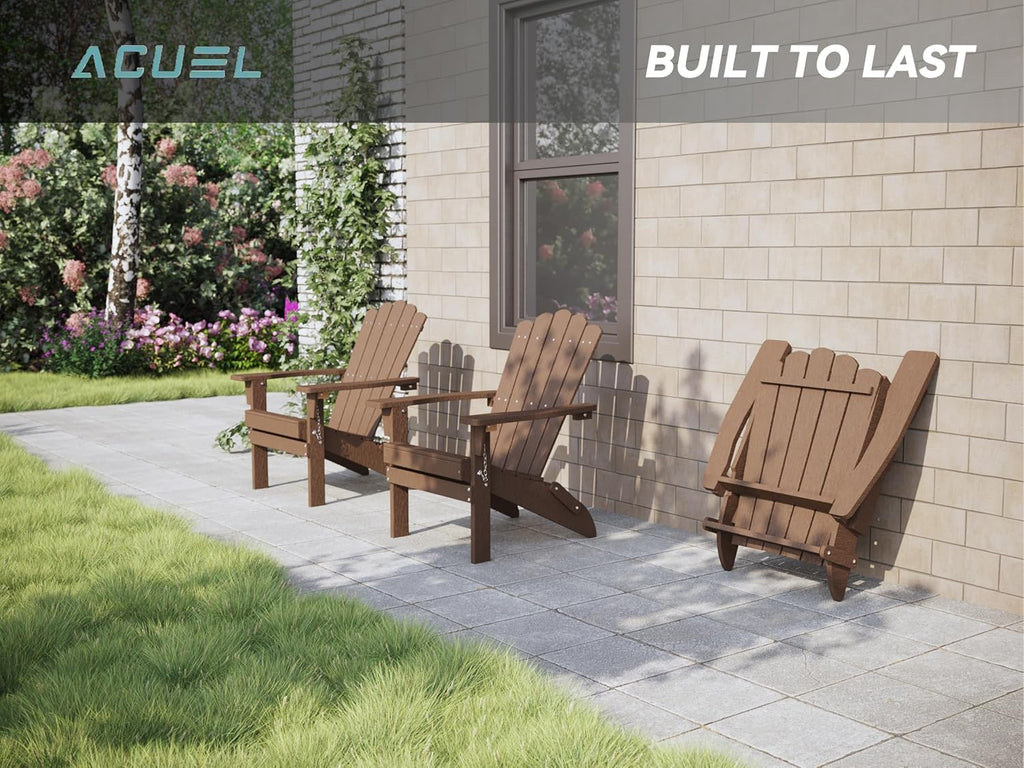 Folding HDPE Adirondack Chair 1 Pack, Brown | Weather-Resistant Patio Chair with Wide Armrests & High Backrest, Fire
