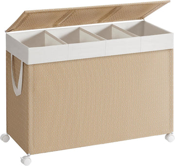 Laundry Hamper with 4 Section, 180 L Large Rolling Laundry Basket with Wheels, Rattan Clothes Basket with Lid