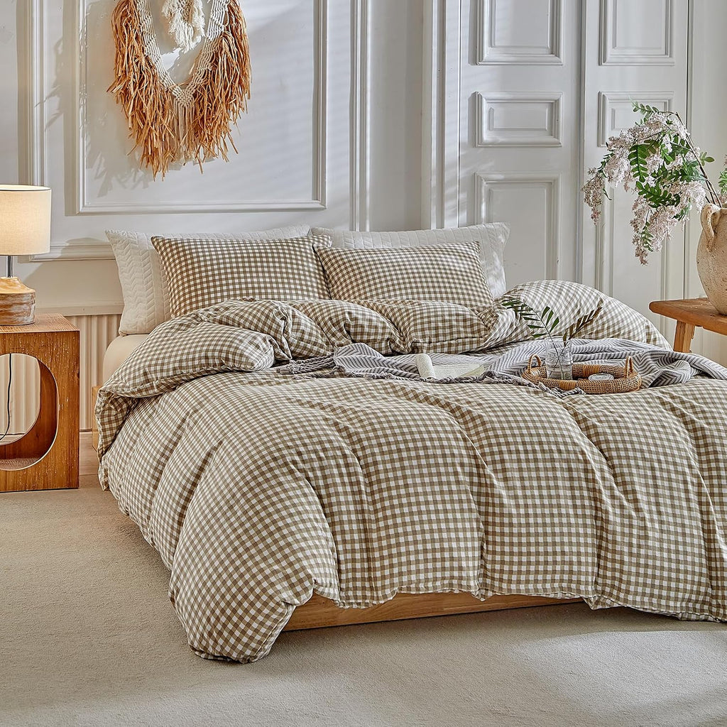 Grid Queen Duvet Cover Set - Tan Gingham Washed Microfiber Comforter Cover Set, 3 Pieces Plaid Checkered Soft - Set of 3