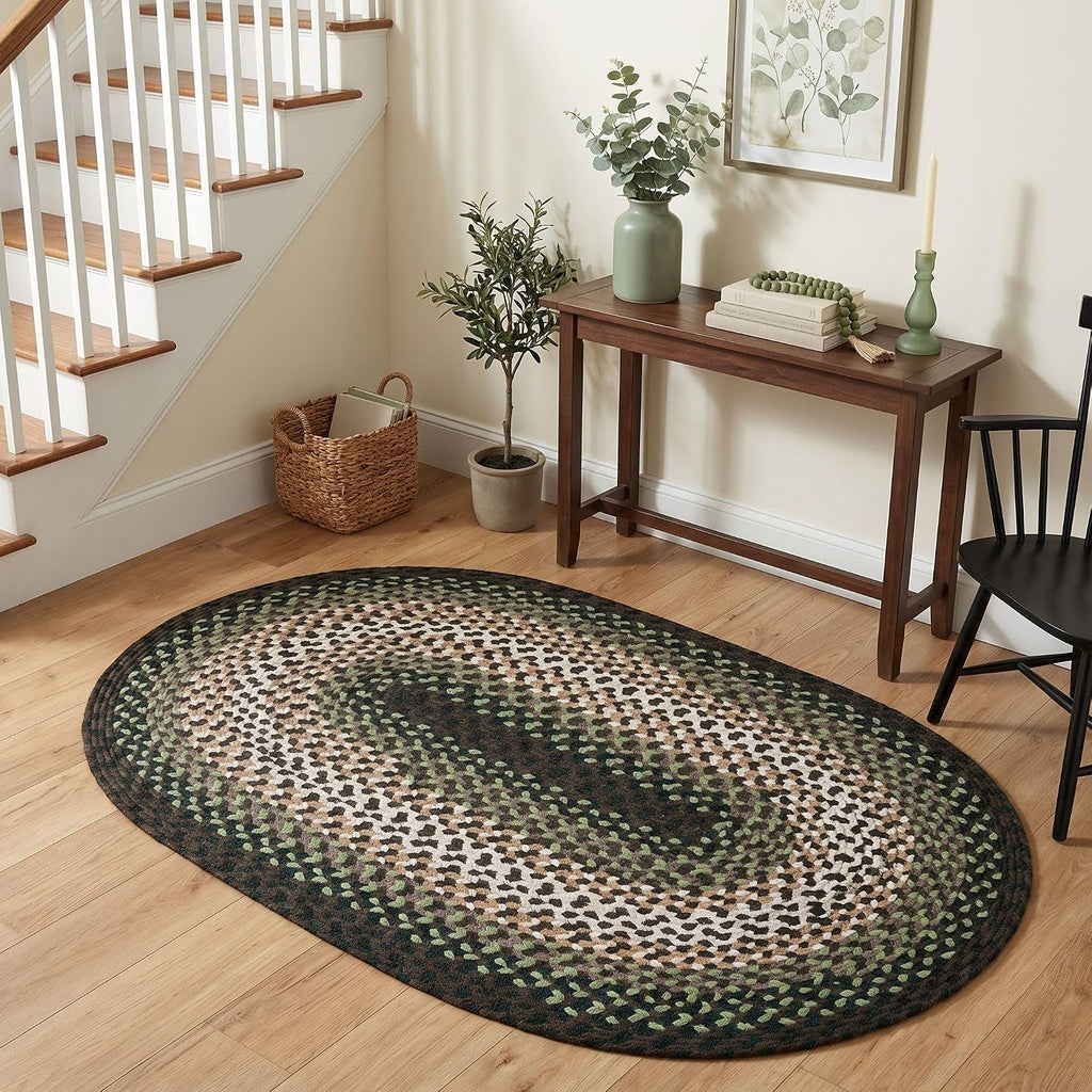 Oval 3' X 5' Green - Ivory Oval Braided Rug for Farmhouse/Primitive Style Spaces
