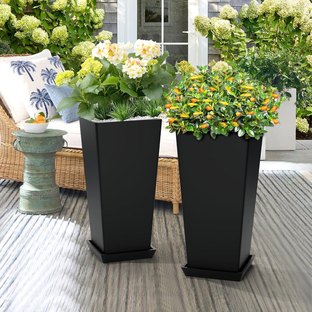 24-Inch Tall Planters for Outdoor Plants, Set of 2, Black | Square tapered planters with drainage trays for front