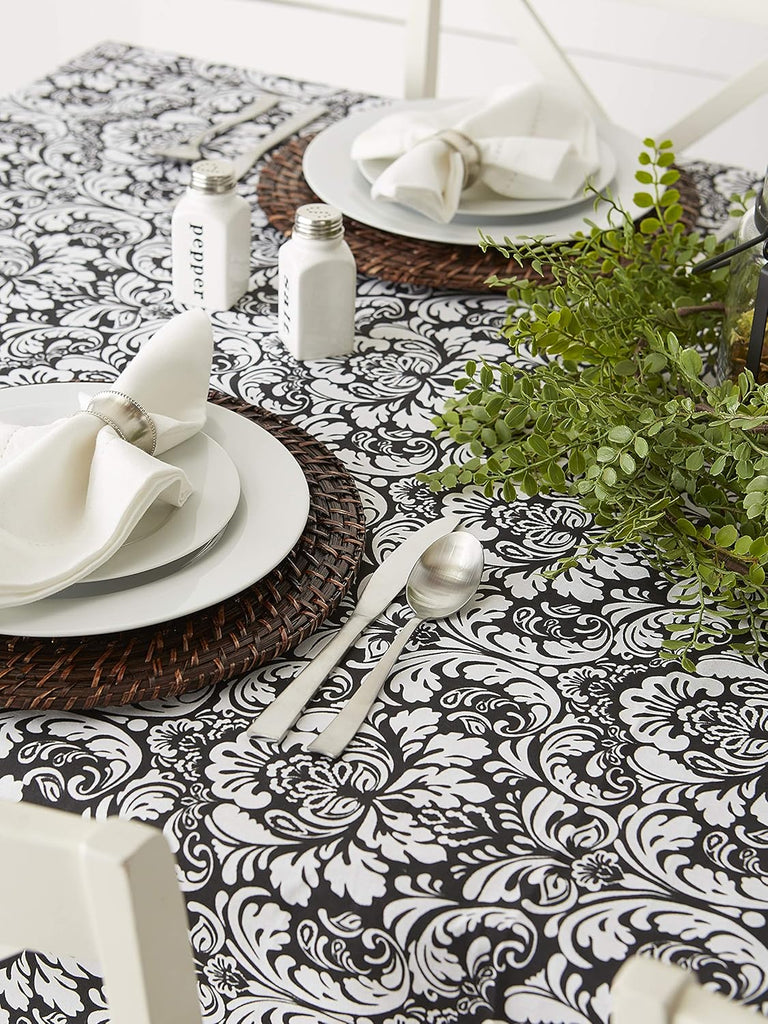 Damask Cotton Tablecloth, 70" Round, Black