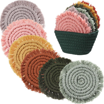 Coasters Set of 6 with Holder Boho 4" Tassel Macrame Woven, Mix Color