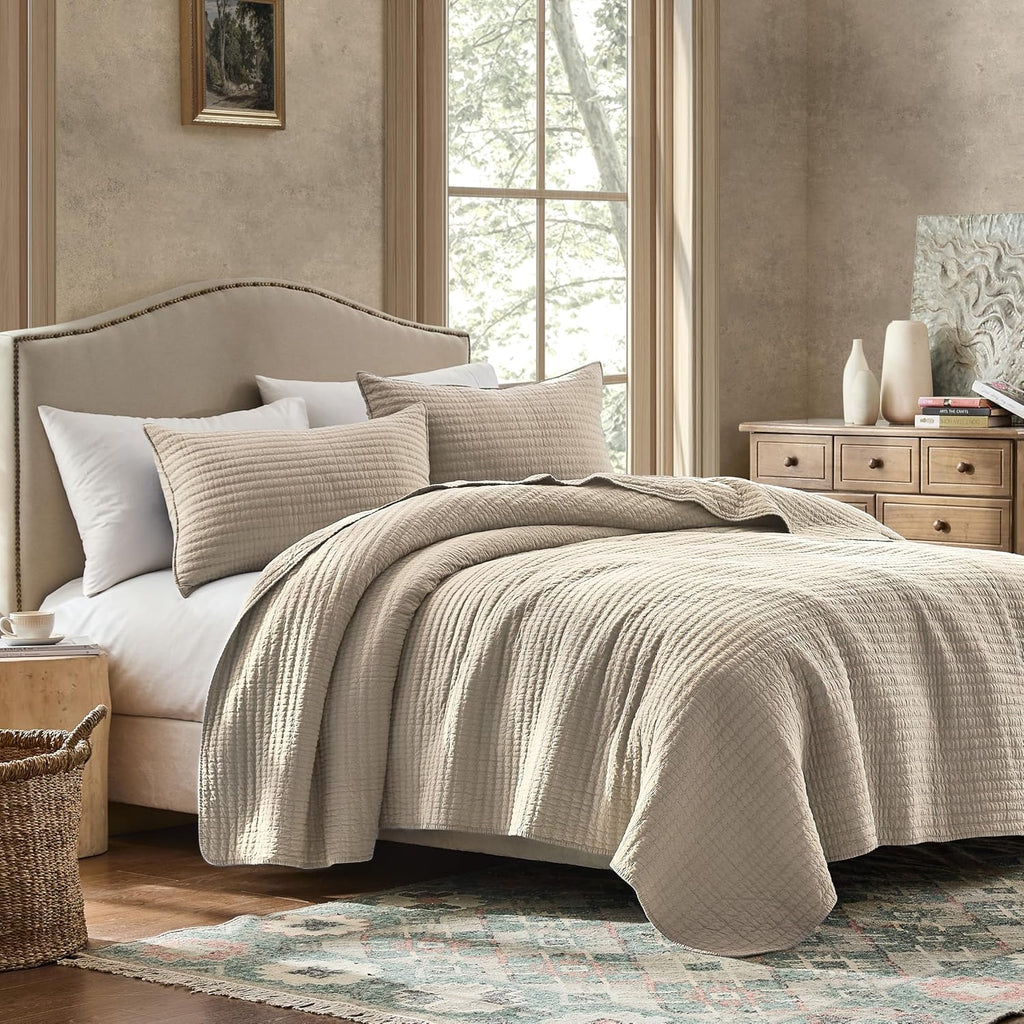 100% Cotton Quilt Set - Beige Neutral Striped Pick Stitch Soft Lightweight Bedspread, Textured Like Linen