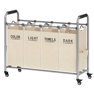 4 Bag Laundry Sorter Cart, Laundry Sorter 4 Sections, Beige