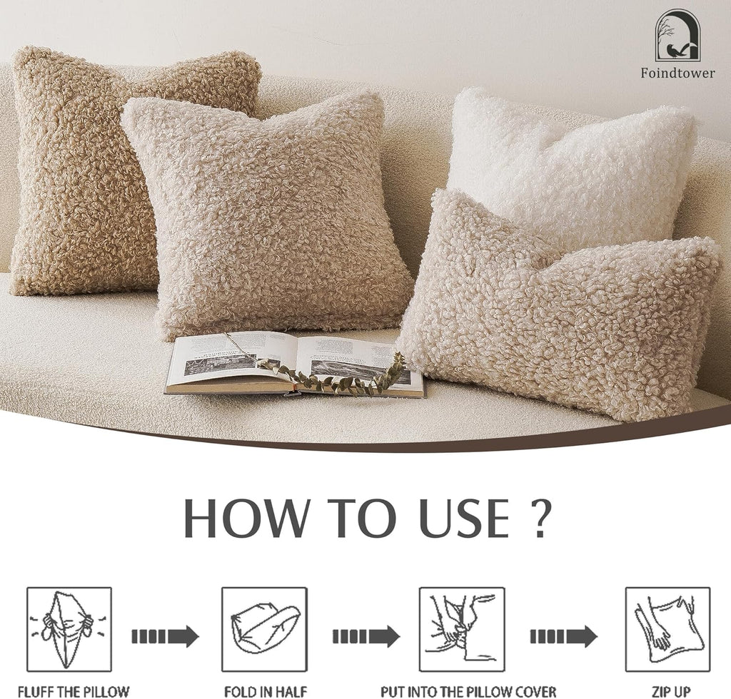 2 Pieces 20x20 Inch Light Khaki, Faux Fur Throw Pillow Cover Accent Pillow Fuzzy Soft Pillowcases Sheepskin