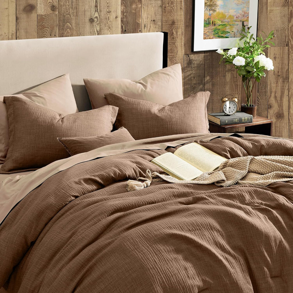 King Comforter Set - 7 Pieces Brown Bedding Set Textured Bed in a Bag - Set of 7