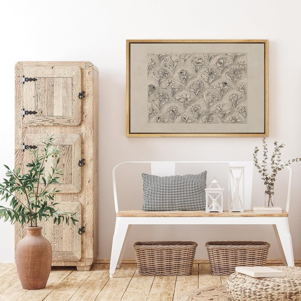 Framed Canvas Print Wall Art Set Vintage Floral Pattern Sketch Detailed Botanical Illustrations Modern Art
