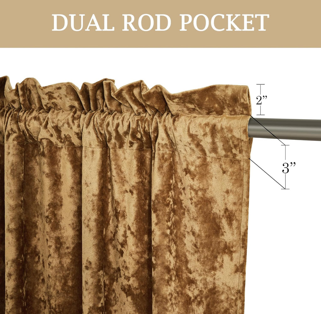 Lux Caramel Gold Crushed Velvet Curtains 2 Panel Set - 96 inches Long Room Darkening Luxury Distressed Velvet Rod