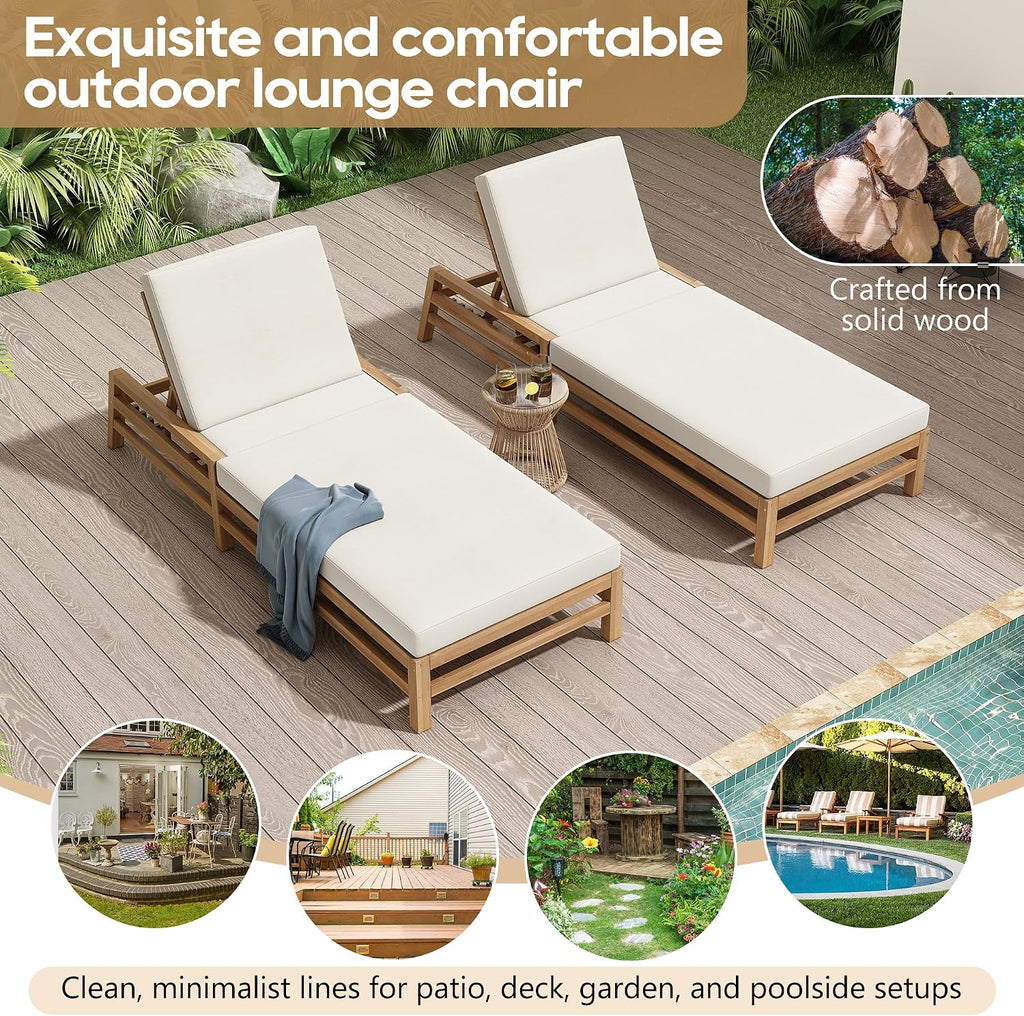 Outdoor Chaise Lounge Chairs Set of 2, Solid Wood Patio 5-Position Adjustable Recliner Chair with Thick Cushions