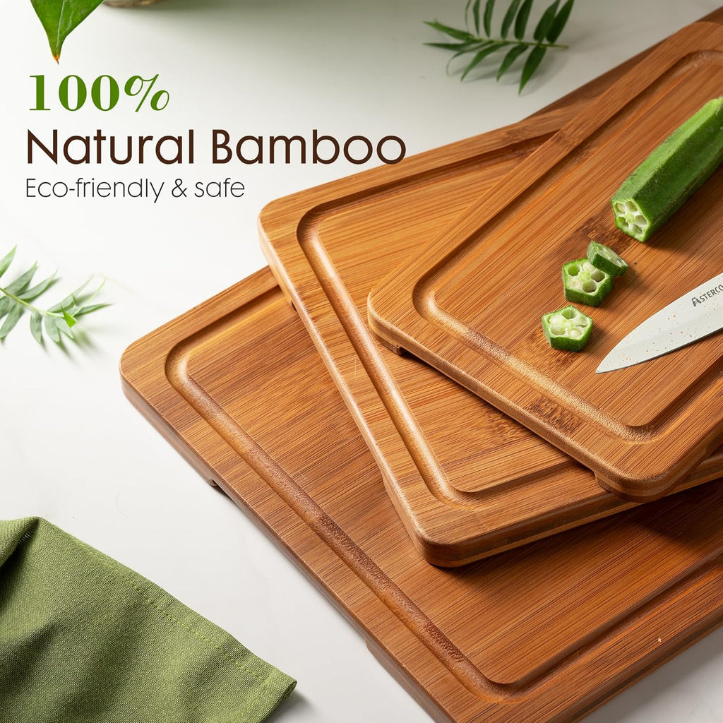 Deep-Carbonized Bamboo Cutting Boards with Wood Storage Stand, Reversible Charcuterie & Chopping Boards with Juice
