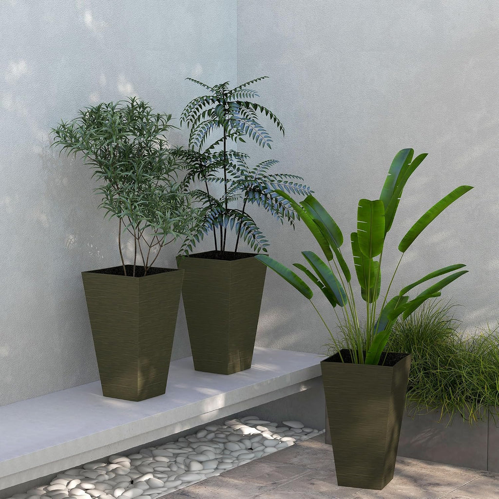 Outdoor Planters,Set of 3 Taper Planters with Drainage Holes and Plug,Faux Wood Flower Pots for