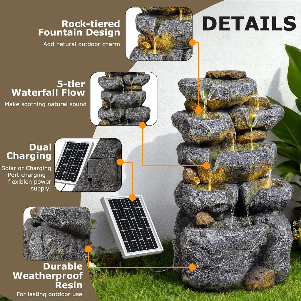 5 Tiered Solar Powered Water Fountain, Solar Water Fountain Outdoor Garden Cascading Rock Water Fall Fountains