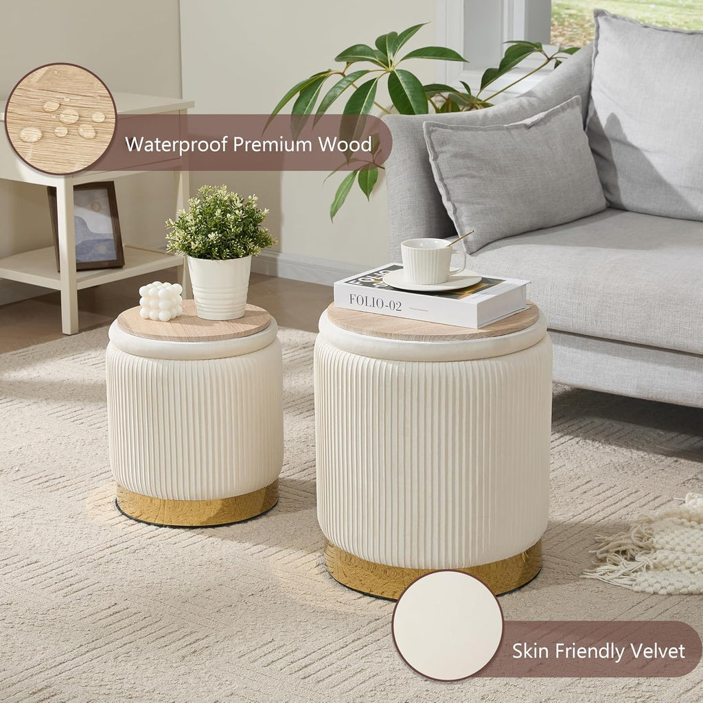 Round Ottoman with Storage Set of 2, Storage Vanity Stool | Velvet Upholstered Ottoman Coffee Table, Gold-Tone Ring
