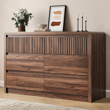 Fluted 6 Drawer Dresser , 50" Wide Dresser & Chest of Drawers with Curved Profile Design, Wood Mid Century Dressers
