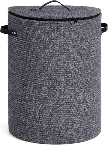 Large Woven Laundry Basket with Lid & Leather Handles, 60L, Grey | 15" x 20" Tall Laundry Hamper, Storage Basket for